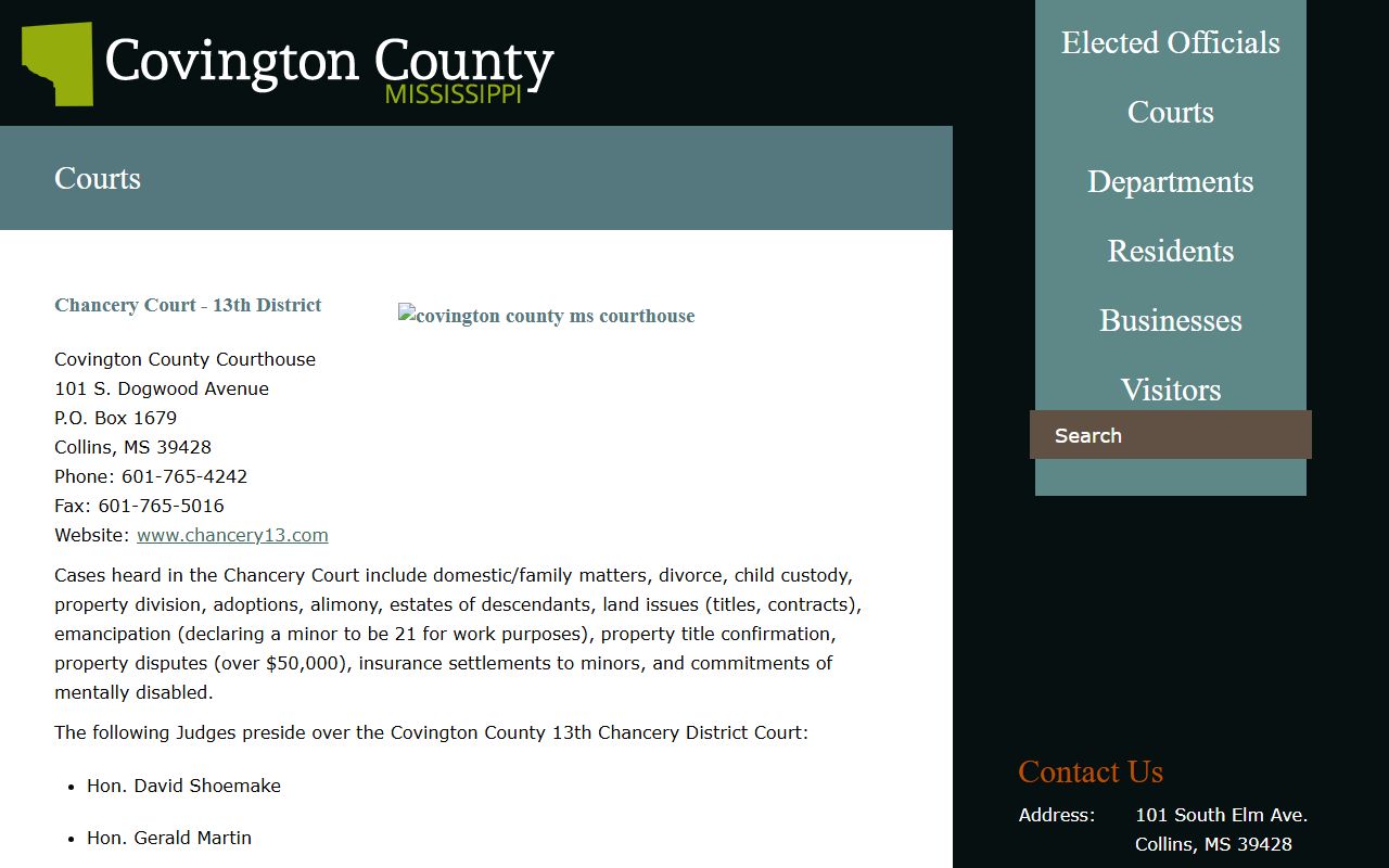 Official Covington County courts page with Circuit Court and Justice Court contacts