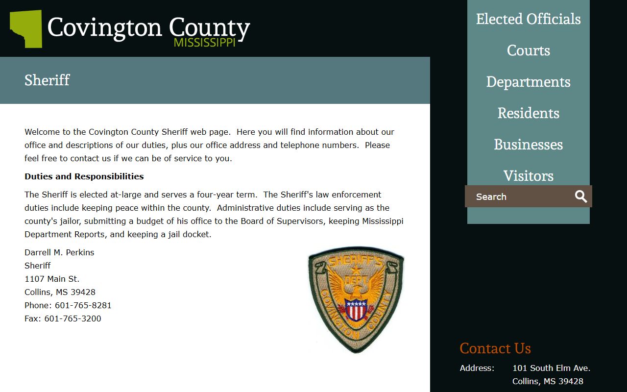 Official Covington County sheriff page showing Sheriff Darrell M. Perkins and jail contact details