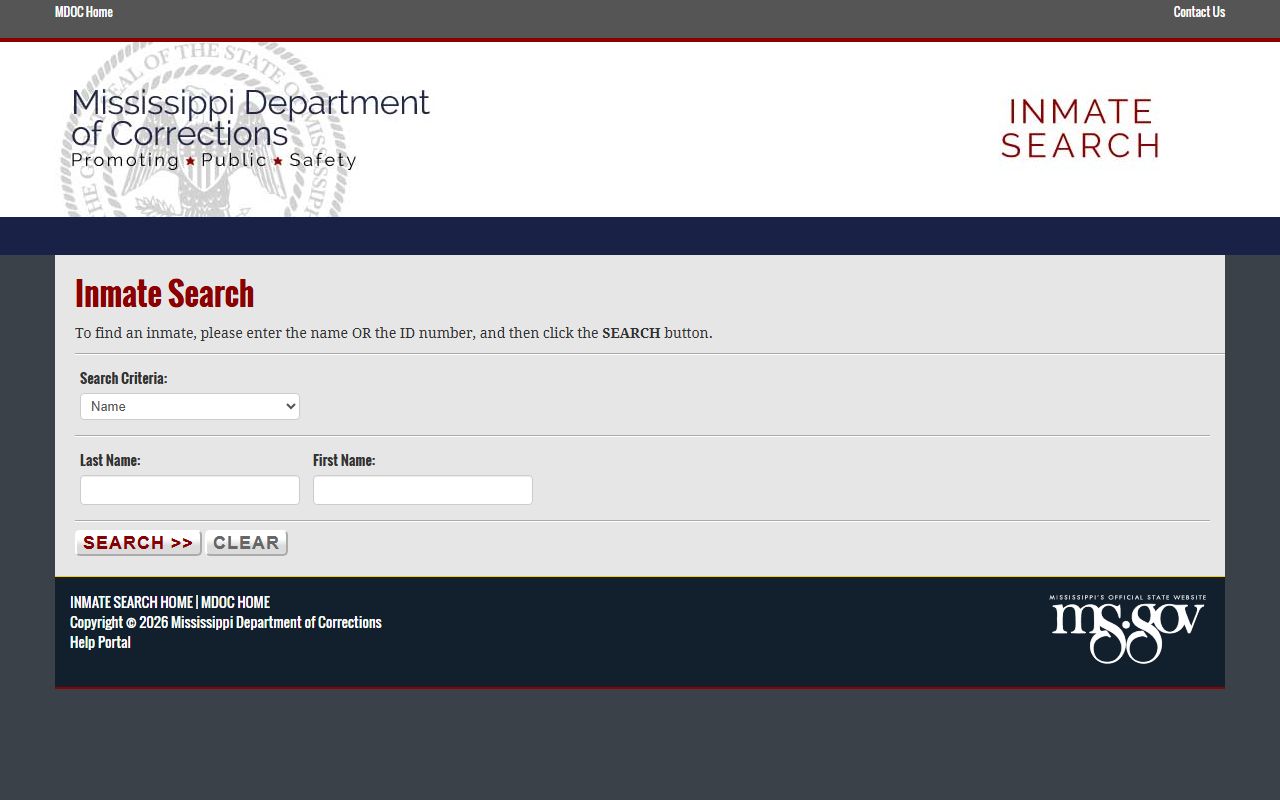 Mississippi Department of Corrections inmate search form with name and ID search criteria
